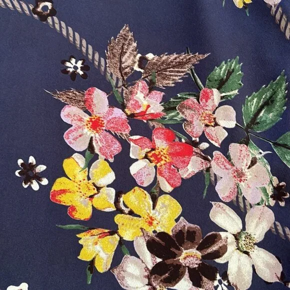 Navy Floral Tie-Front Ruffle Blouse - Romantic Feminine Blue Shirt - Picture 6 of 6